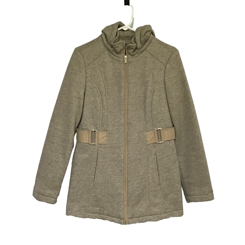 Liz Claiborne Hooded Coat Womens Size Small Beige Lined Pockets Casual Belted